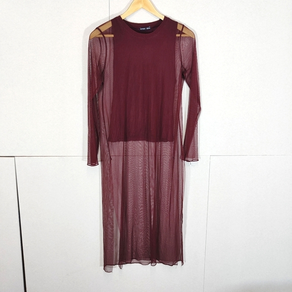 Zara Tops - Zara Burgundy Red Top Size M Medium UK 14 16 Sheer Longline Mesh Side Slits